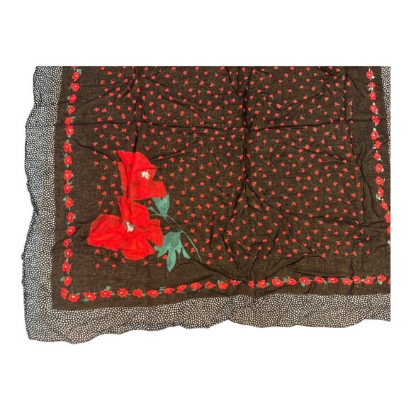 Vintage Betmar Italy Rayon Scarf Red Floral Poppy Black Polka Dot 28x30 Wrap - Picture 2 of 7